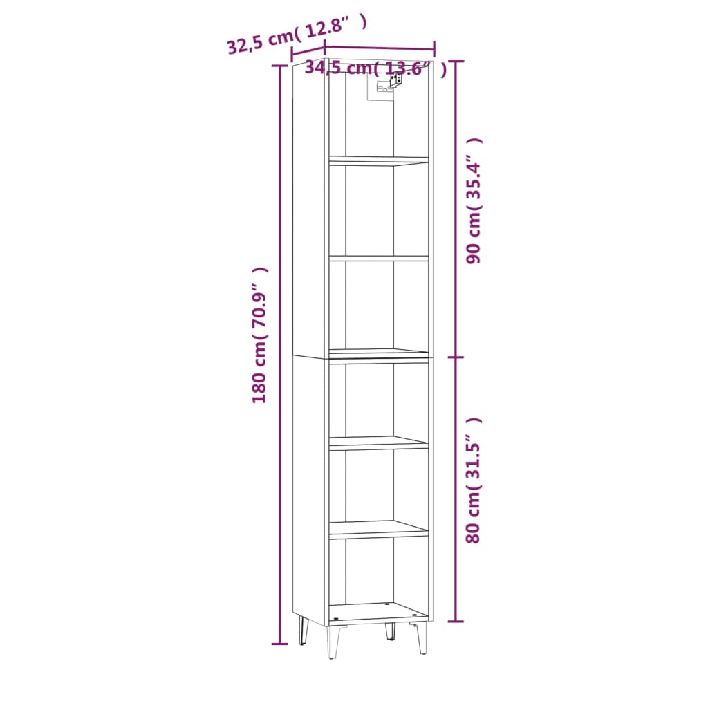 vidaXL Highboard hvit 34,5x32,5x180 cm konstruert tre