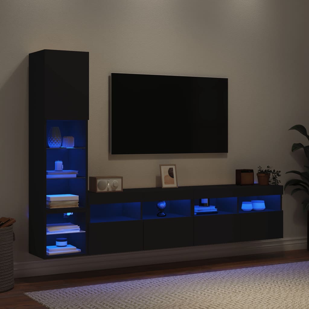 vidaXL Vegghengte TV-enheter med LED 4 deler svart konstruert tre