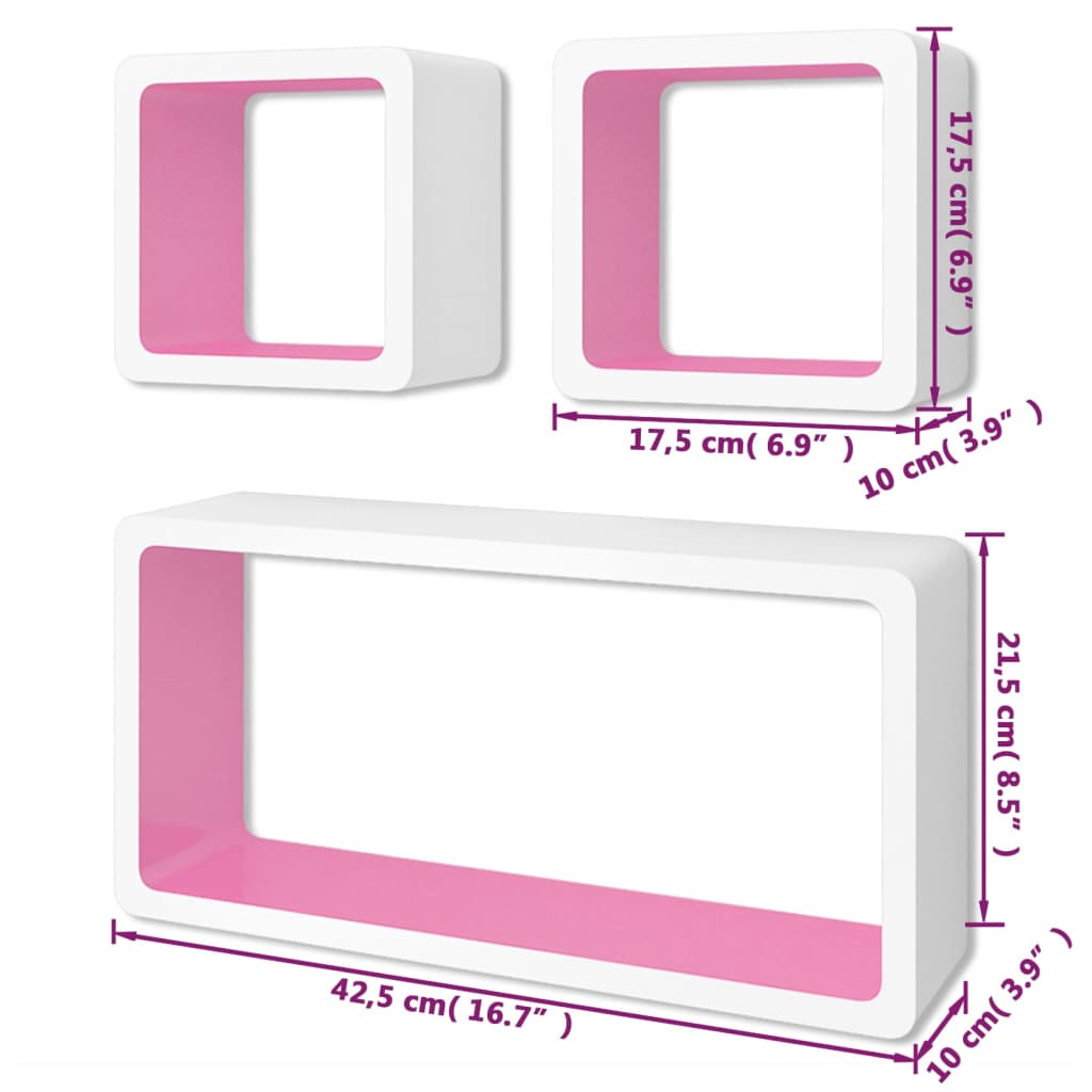 Flytende vegghylle kuber MDF bok/DVD oppbevaring hvit-rosa