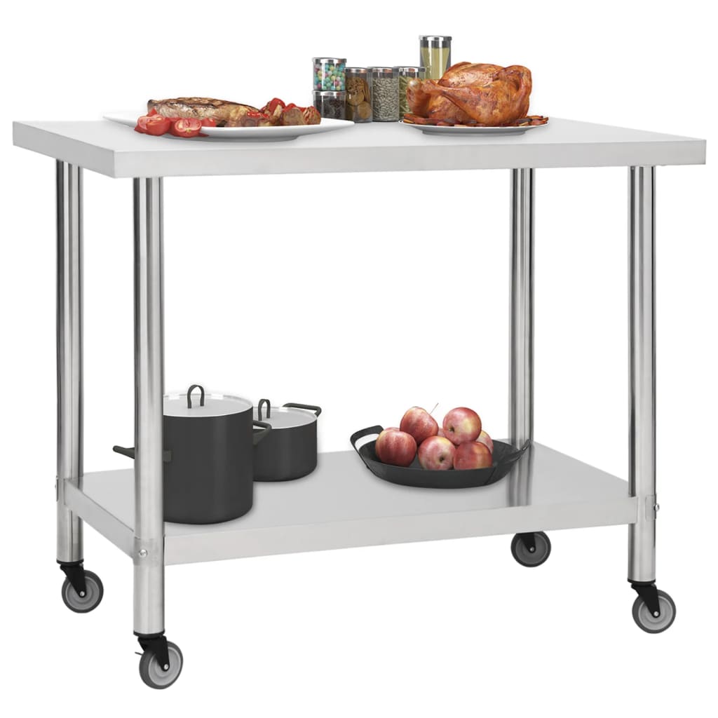 vidaXL Arbeidsbord for kjøkken med hjul 100x45x85 cm rustfritt stål