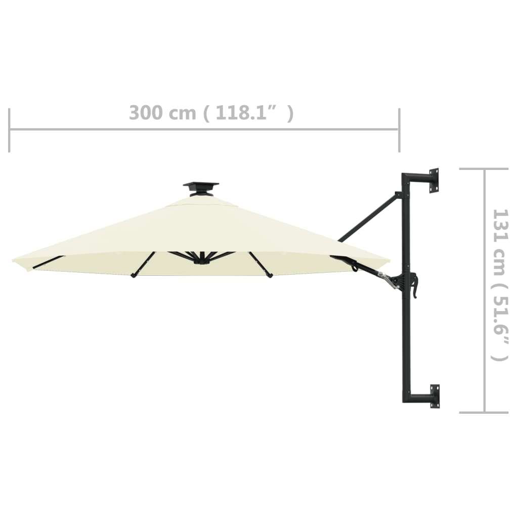 vidaXL Veggmontert parasoll med LED og metallstolpe 300 cm sand