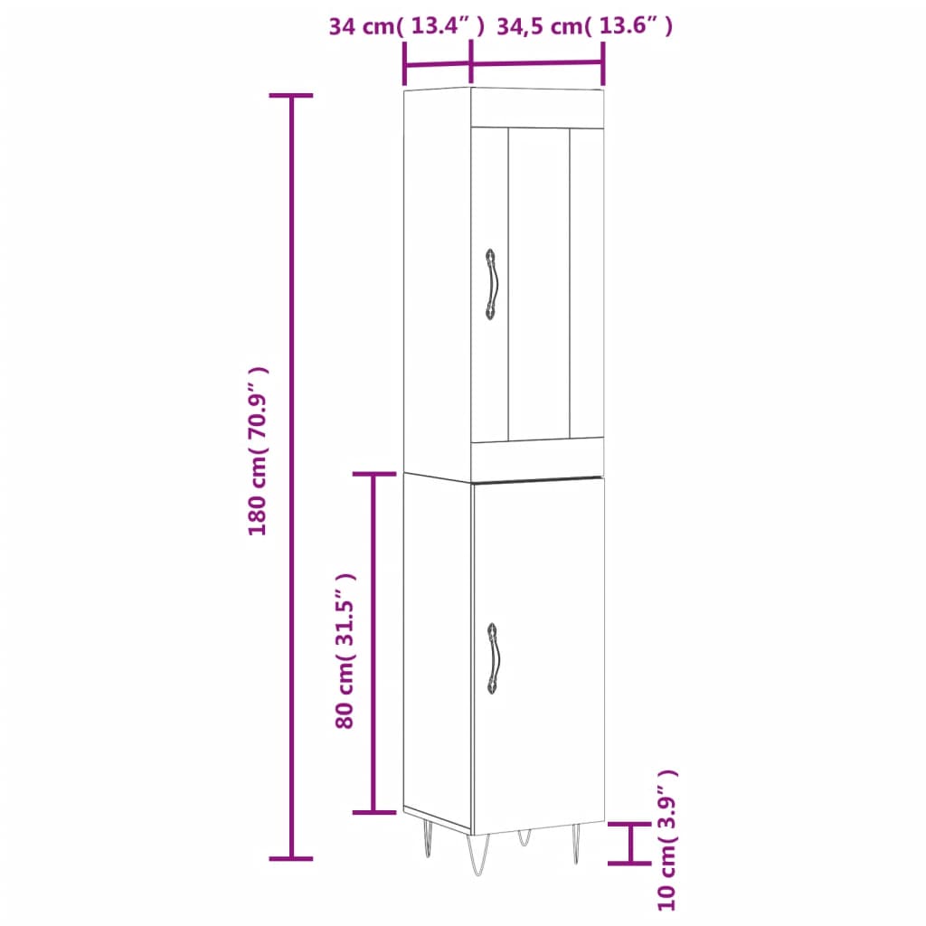 vidaXL Highboard hvit 34,5x34x180 cm konstruert tre