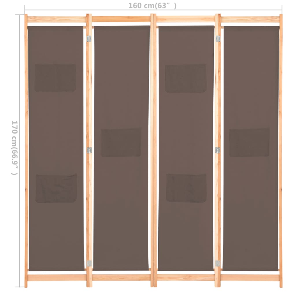 vidaXL Romdeler 4 paneler brun 160x170x4 cm stoff