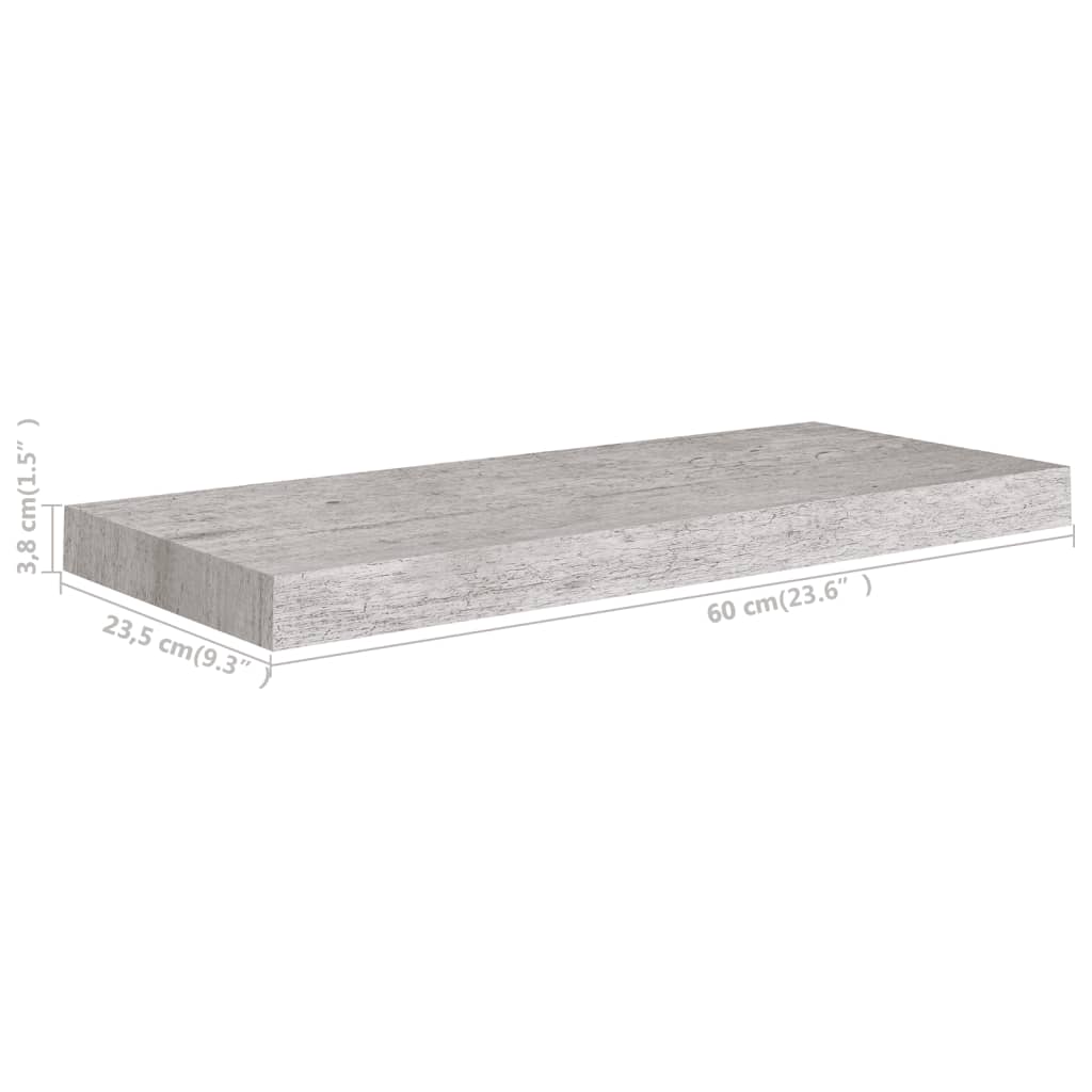 vidaXL Flytende vegghyller 2 stk betonggrå 60x23,5x3,8 cm MDF