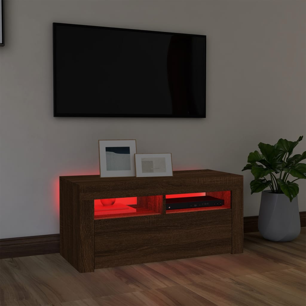 vidaXL TV-benk med LED-lys brun eik 90x35x40 cm