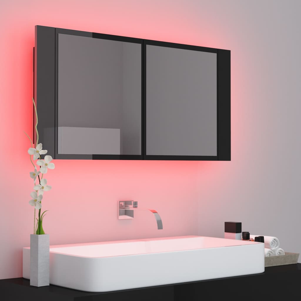 vidaXL LED-speilskap høyglans svart 90x12x45 cm akryl