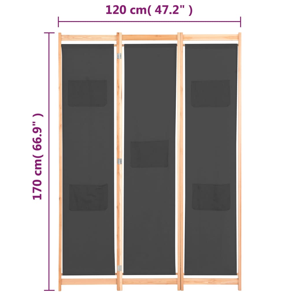 vidaXL Romdeler 3 paneler grå 120x170x4 cm stoff