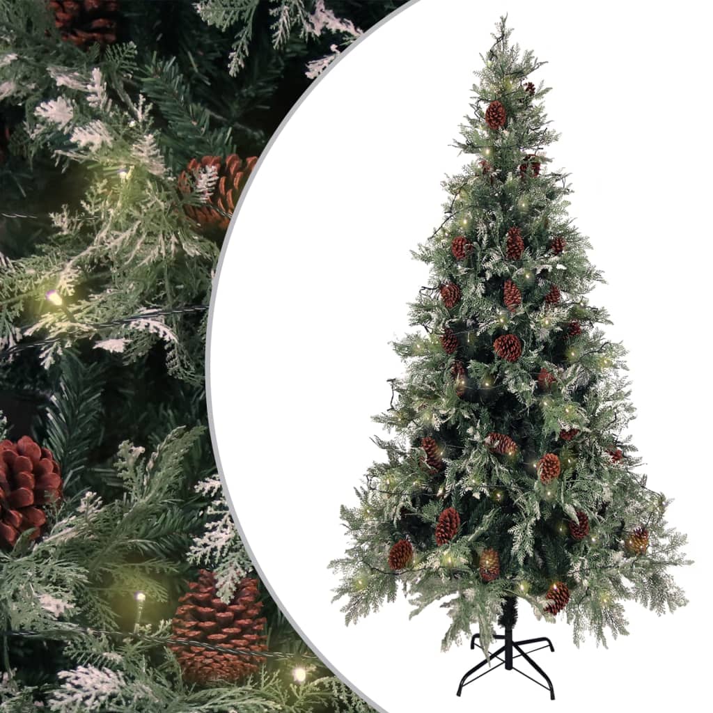 vidaXL Forhåndsbelyst juletre med kongler grønn og hvit 225 cm PVC PE