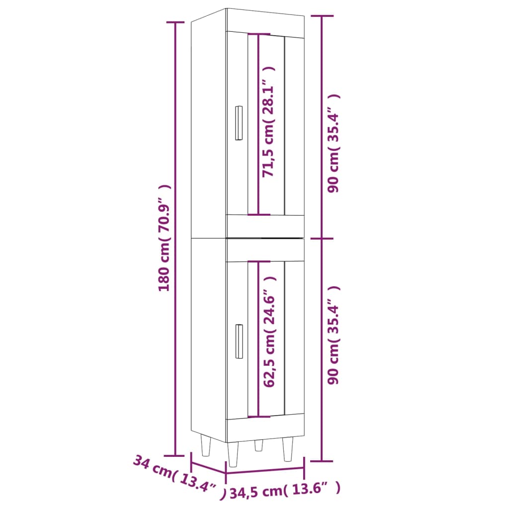 vidaXL Highboard høyglans hvit 34,5x34x180 cm konstruert tre