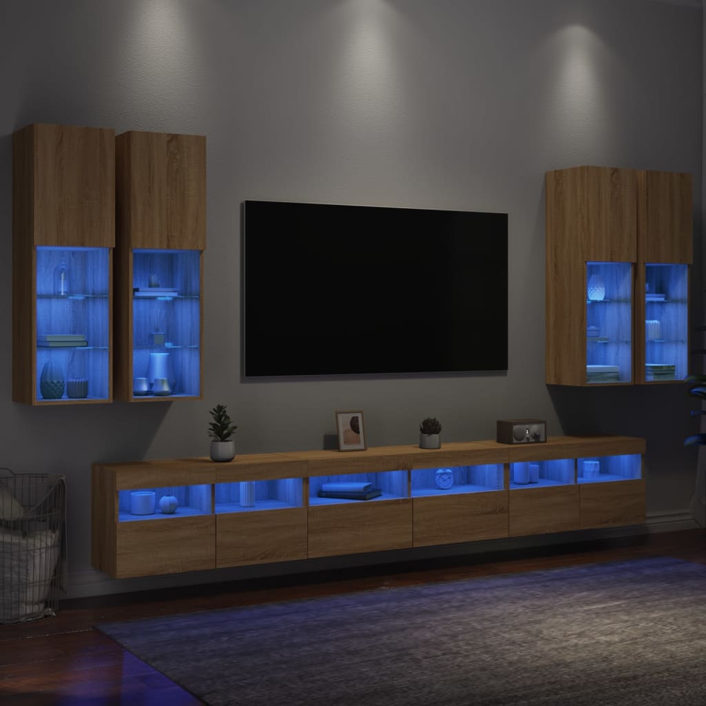 vidaXL Vegghengte TV-benker med LED 7 stk sonoma eik