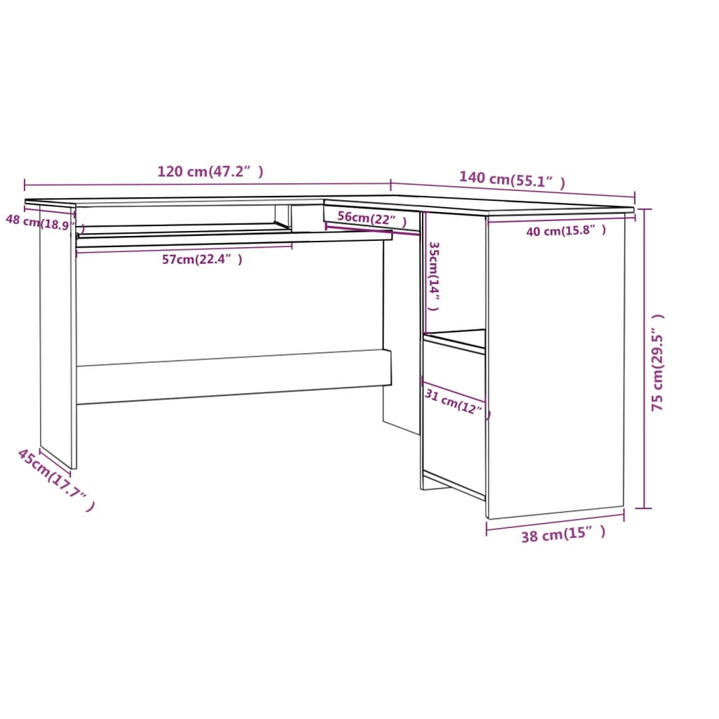 vidaXL L-formet hjørneskrivebord betonggrå 120x140x75 cm sponplate