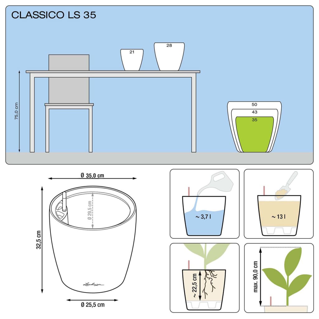 LECHUZA Plantekasse CLASSICO LS 35 ALL-IN-ONE høyglans hvit 16060