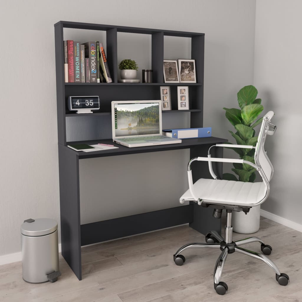 vidaXL Skrivebord med hyller grå 110x45x157 cm sponplate