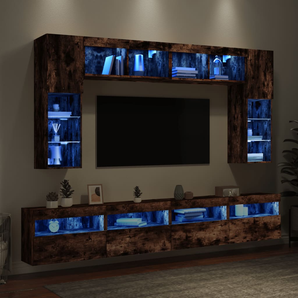 vidaXL Vegghengte TV-benker med LED 8 stk røkt eik