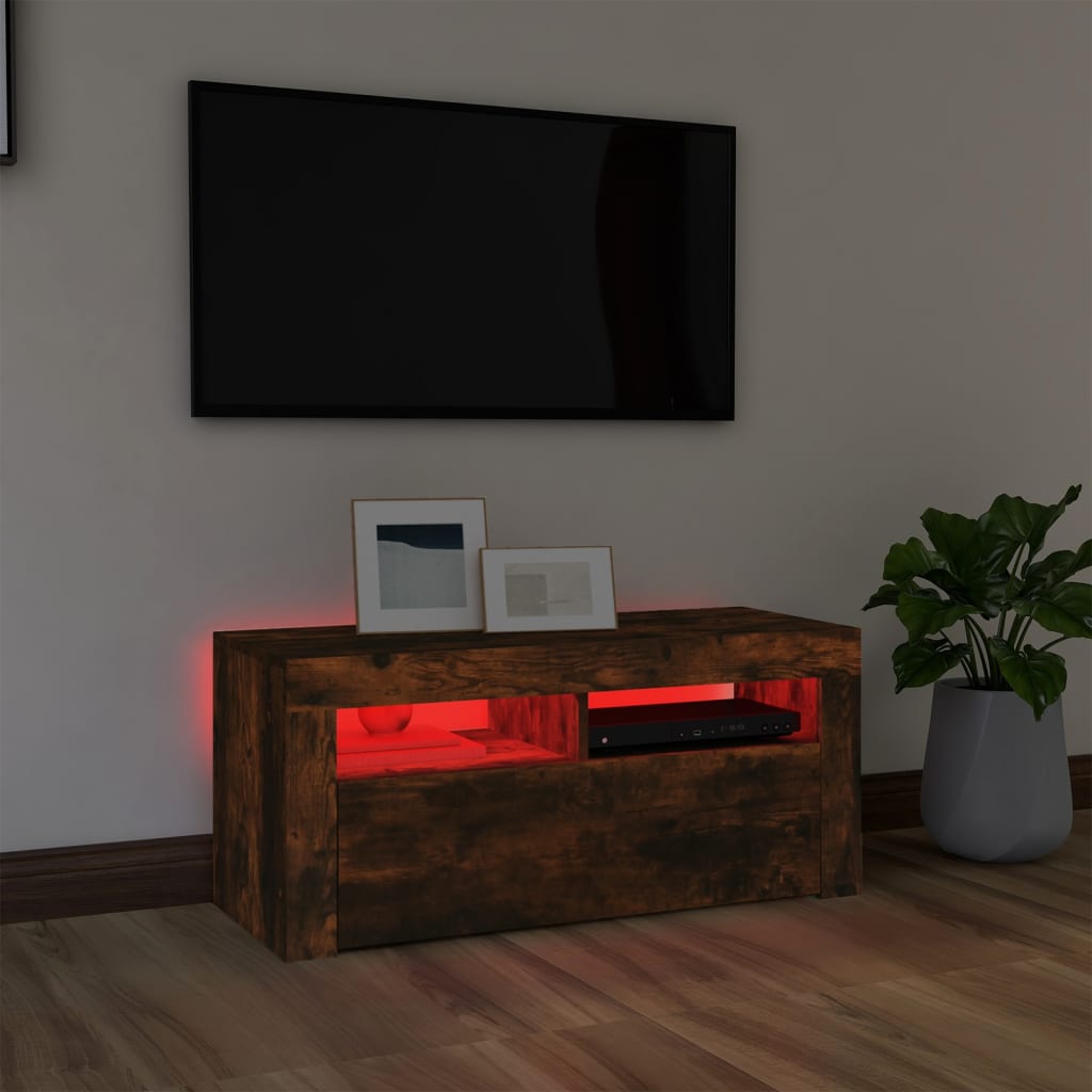 vidaXL TV-benk med LED-lys røkt eik 90x35x40 cm