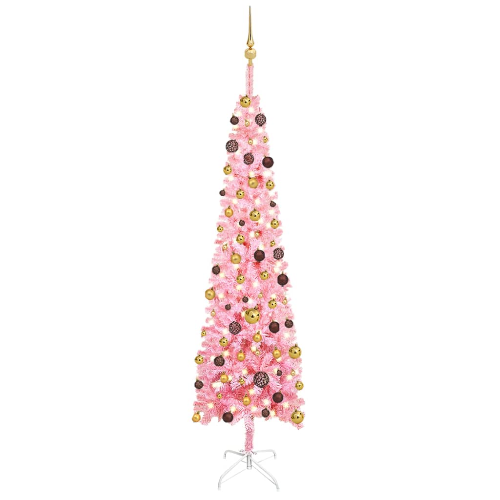 vidaXL Slankt juletre med LED og kulesett rosa 210 cm
