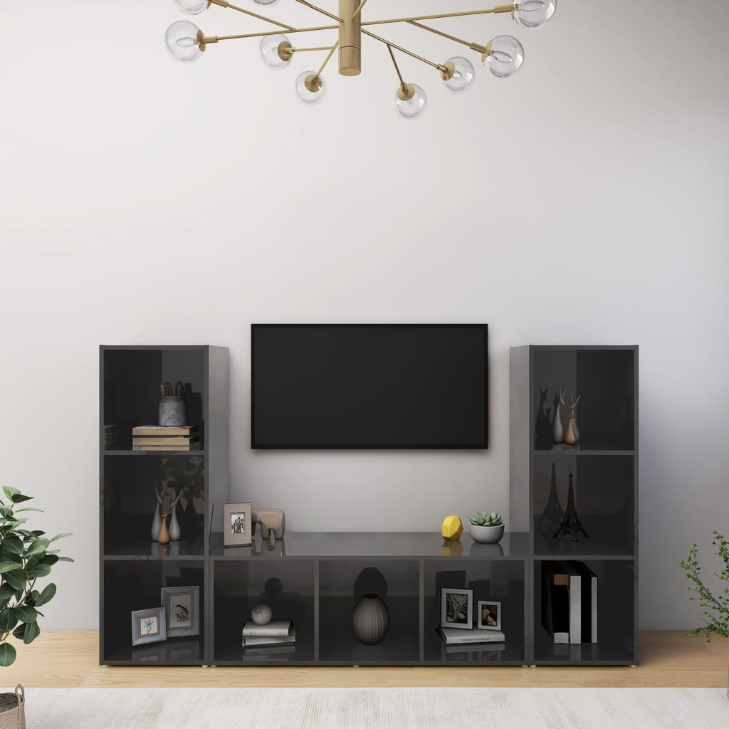 vidaXL TV-benker 3 stk høyglans grå 107x35x37 cm sponplate