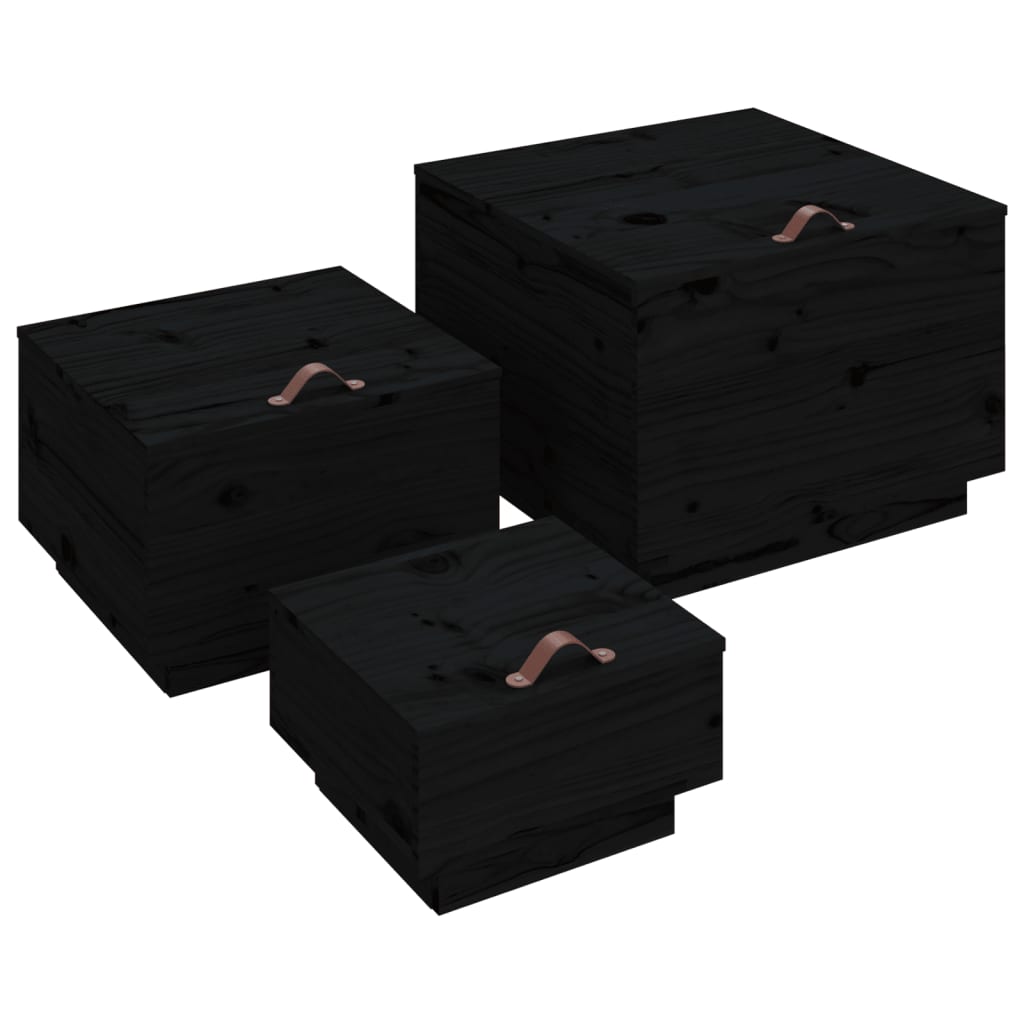 vidaXL Oppbevaringsbokser med lokk 3 stk svart heltre furu