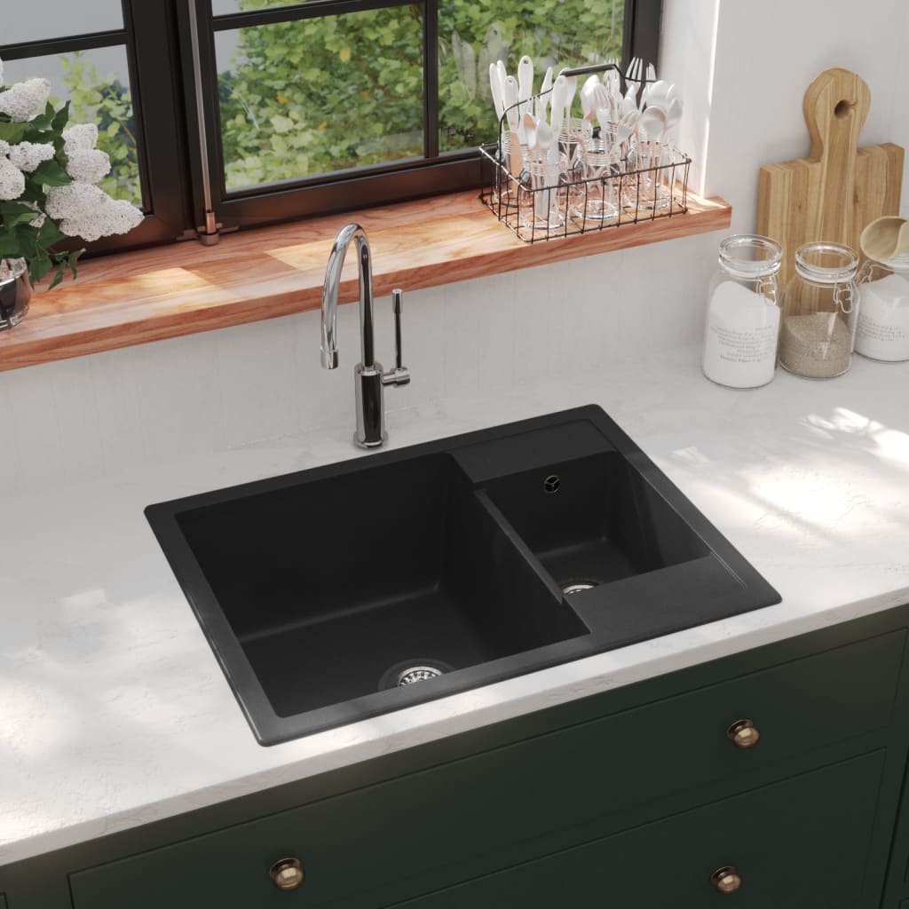 vidaXL Kjøkkenvask med overløpshull dobbel kum svart granitt
