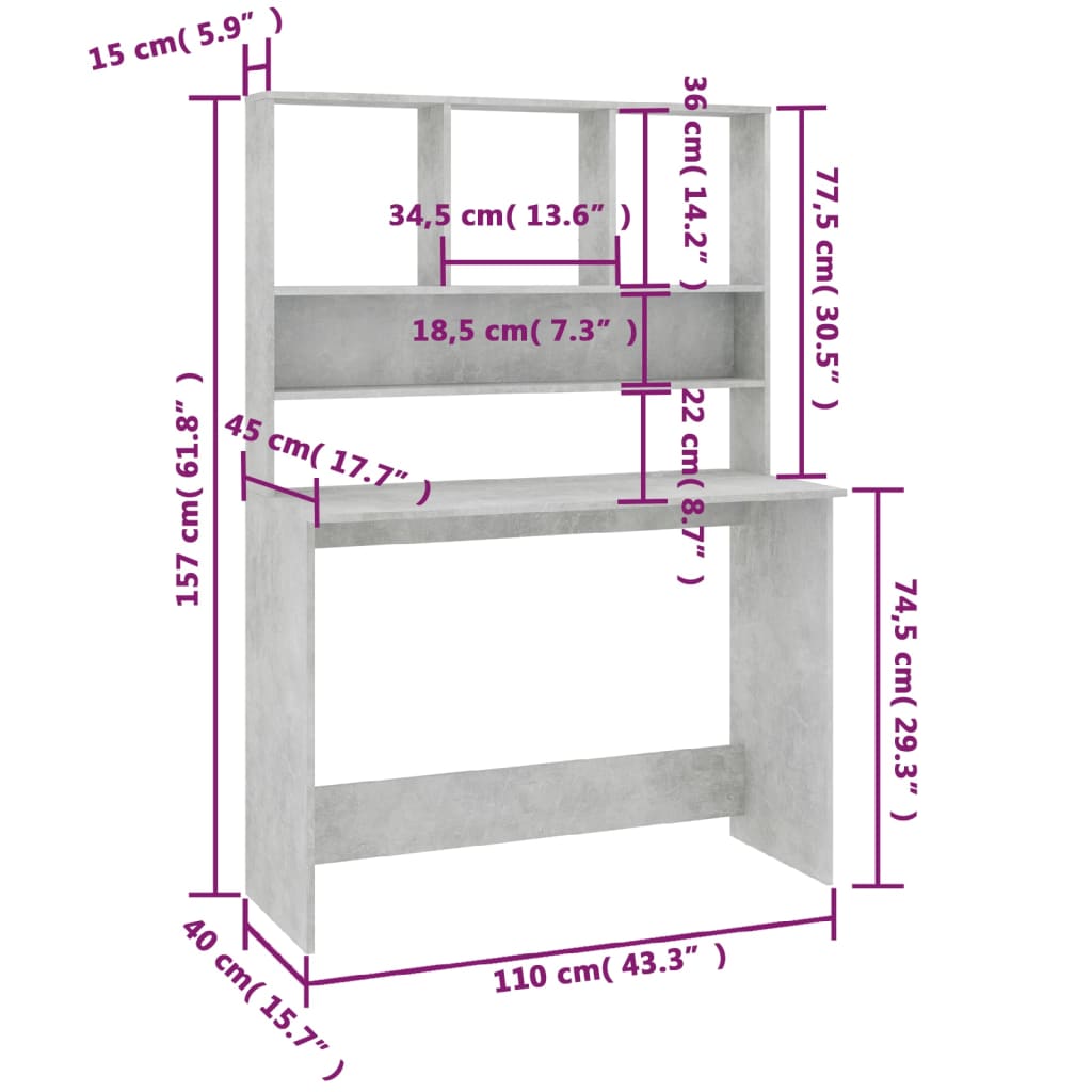 vidaXL Skrivebord med hyller betonggrå 110x45x157 cm sponplate