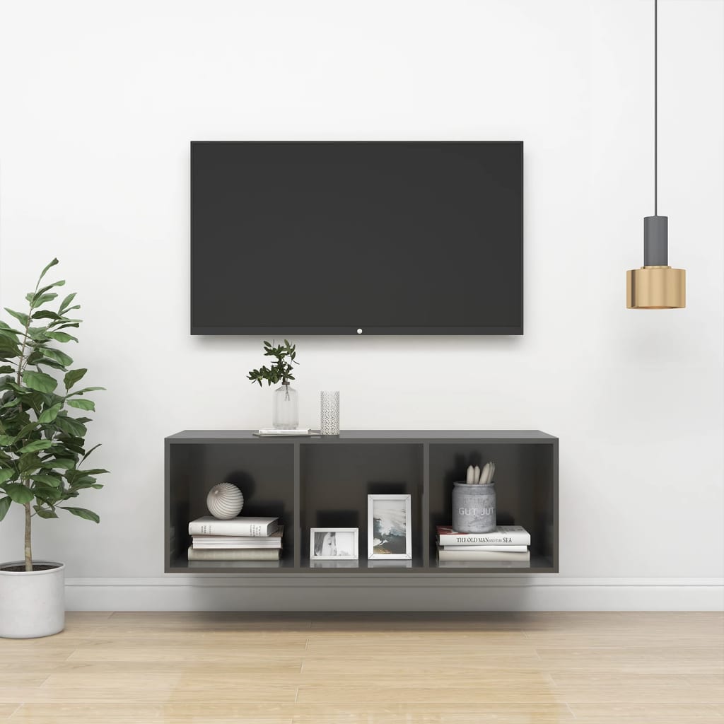 vidaXL Vegghengt TV-benk høyglans grå 37x37x107 cm sponplate