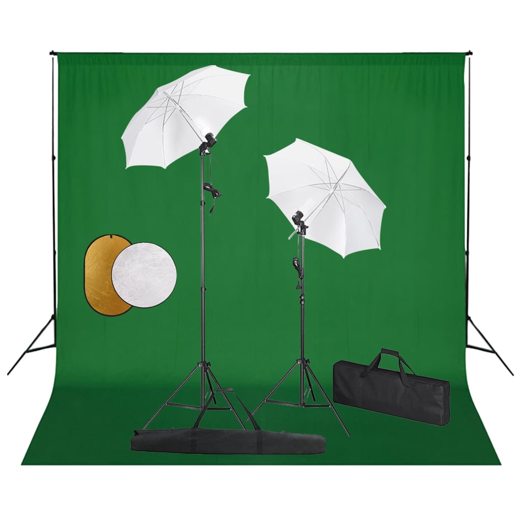 vidaXL Fotostudiosett med lamper, paraplyer, bakgrunn og reflektor