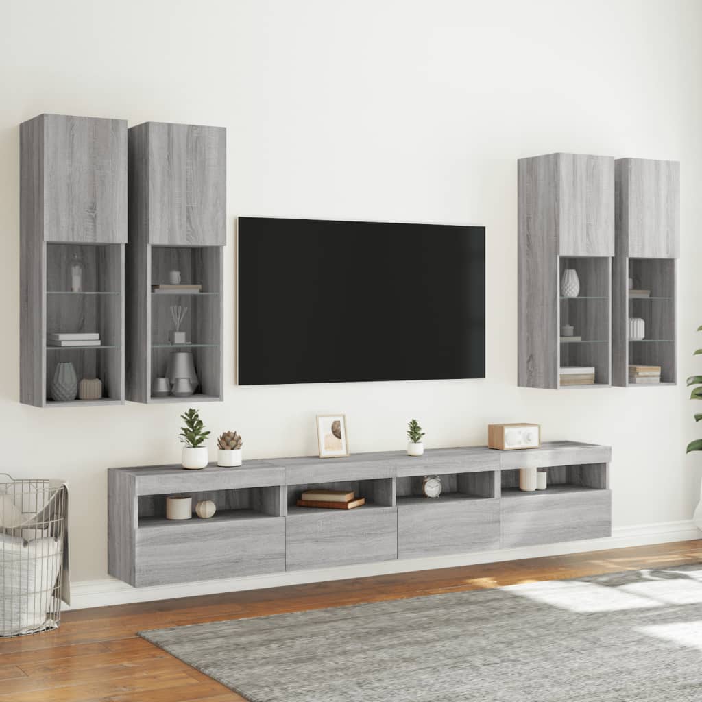 vidaXL Vegghengte TV-benker med LED 7 stk grå sonoma