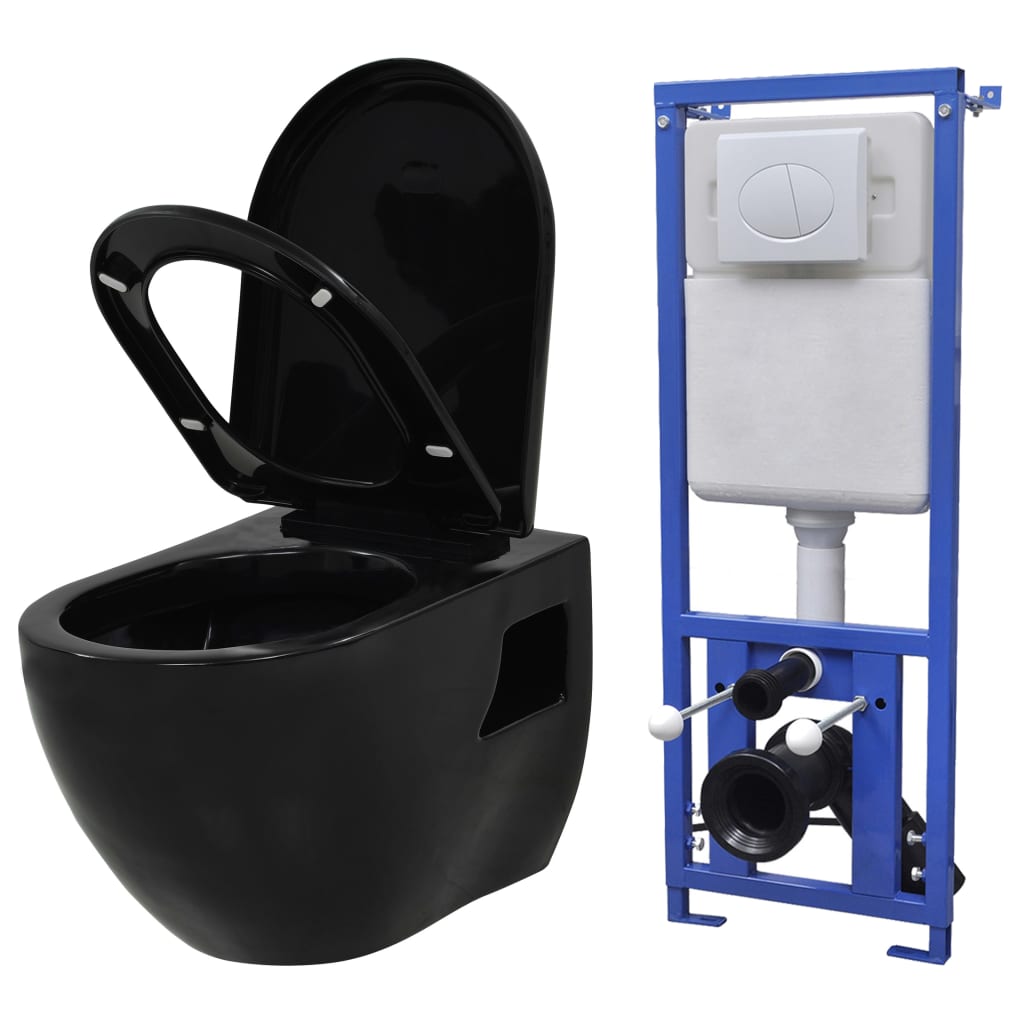 vidaXL Vegghengt toalett med skjult sisterne keramikk svart