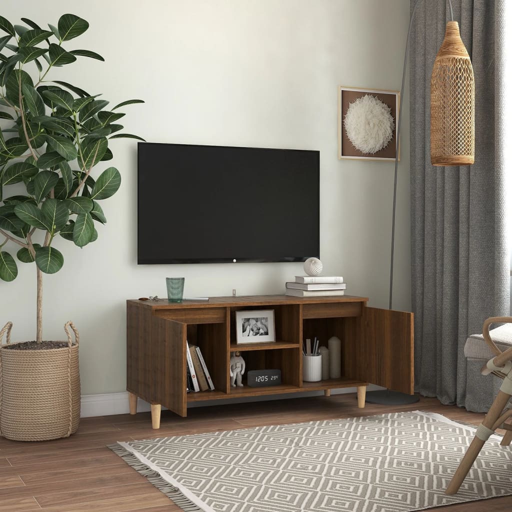 vidaXL TV-benk med ben i heltre brun eik 103,5x35x50 cm