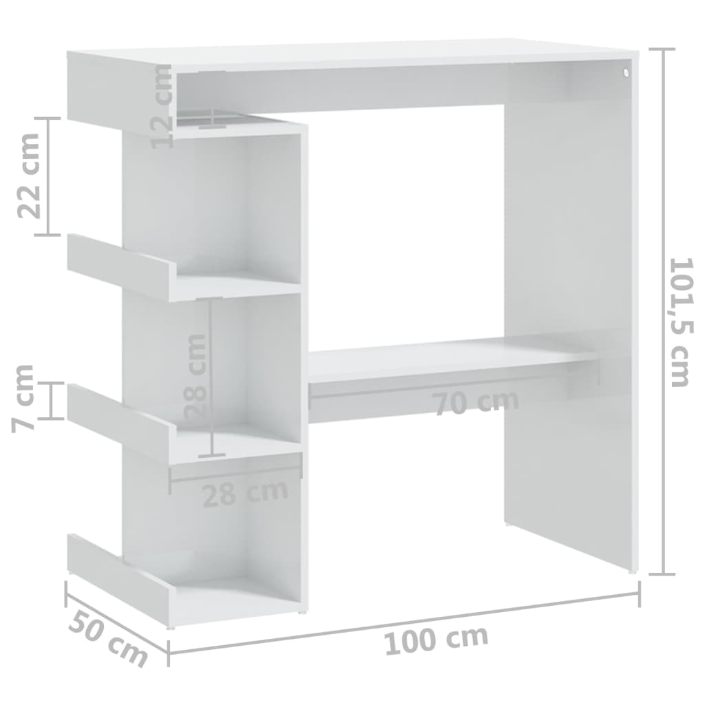 vidaXL Barbord med oppbevaringsstativ høyglans hvit 100x50x101,5 cm