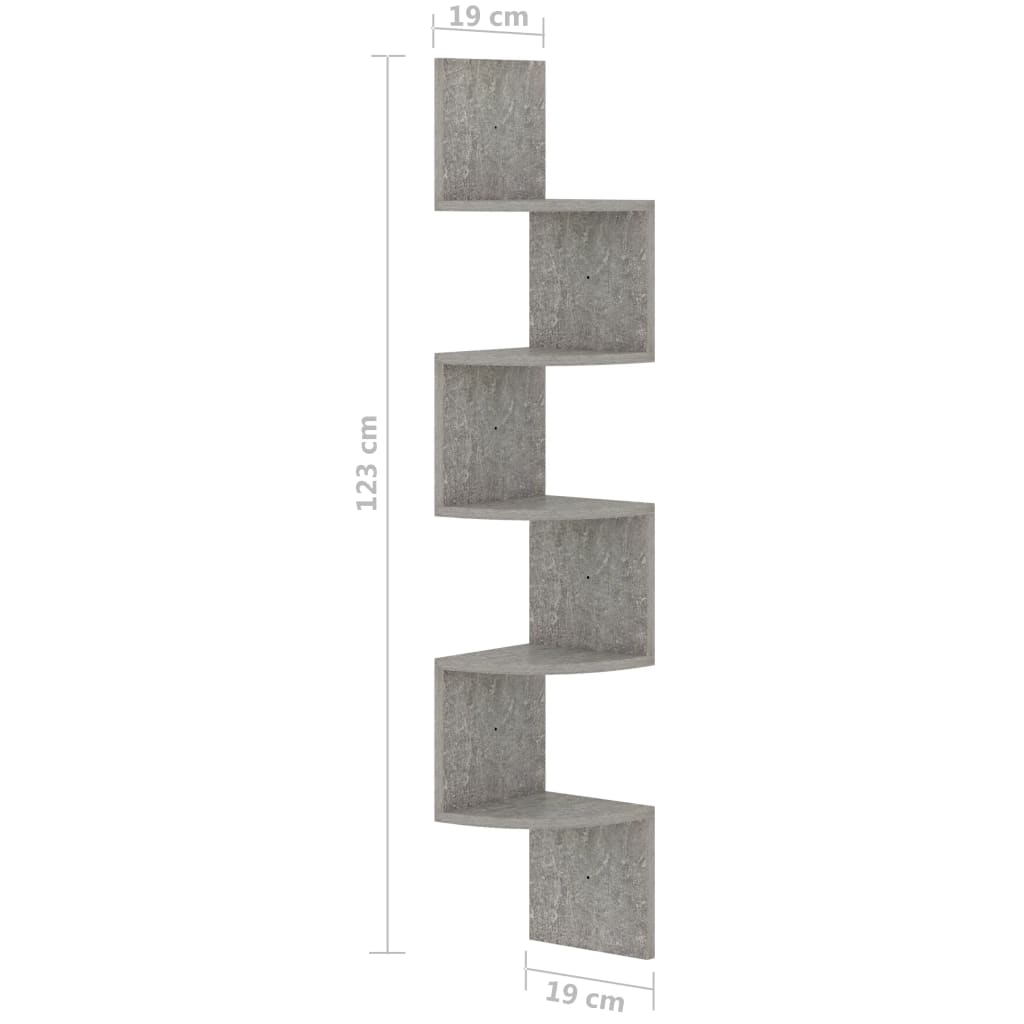 vidaXL Veggmontert hjørnehylle betonggrå 19x19x123 cm konstruert tre