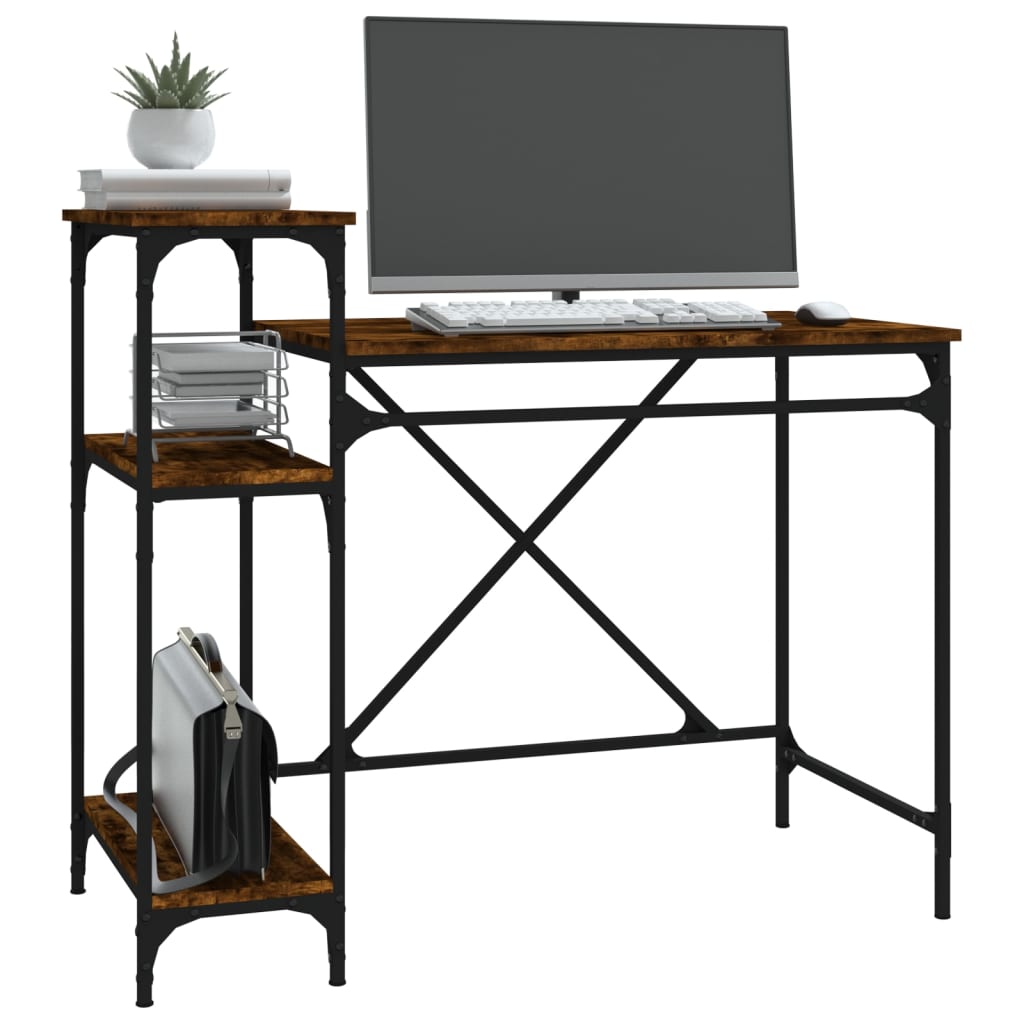 vidaXL Skrivebord med hyller røkt eik 105x50x90 cm konstruert tre jern