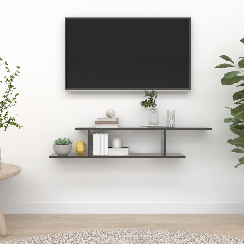 vidaXL Veggmontert TV-hylle høyglans grå 125x18x23 cm sponplate