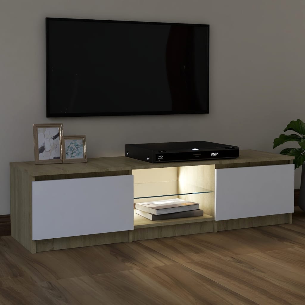 vidaXL TV-benk med LED-lys hvit og sonoma eik 120x30x35,5 cm