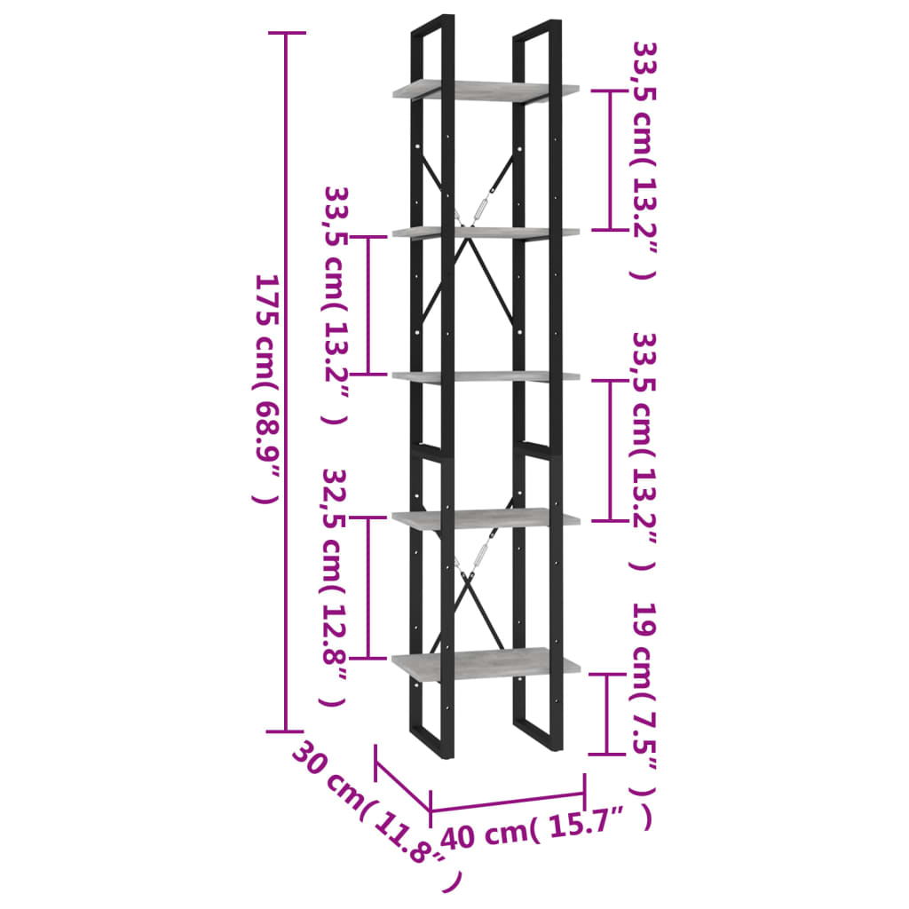 vidaXL Bokhylle 5 nivåer betonggrå 40x30x175 cm konstruert tre