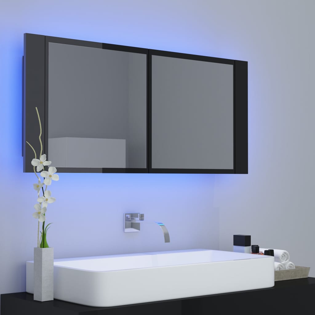vidaXL LED-speilskap til baderom høyglans svart 100x12x45 cm