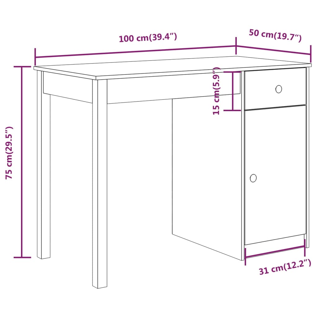 vidaXL Skrivebord grå 100x50x75 cm heltre furu