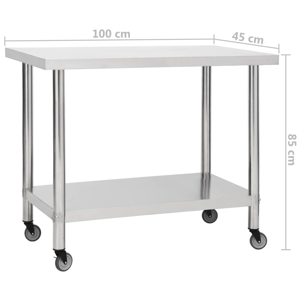 vidaXL Arbeidsbord for kjøkken med hjul 100x45x85 cm rustfritt stål