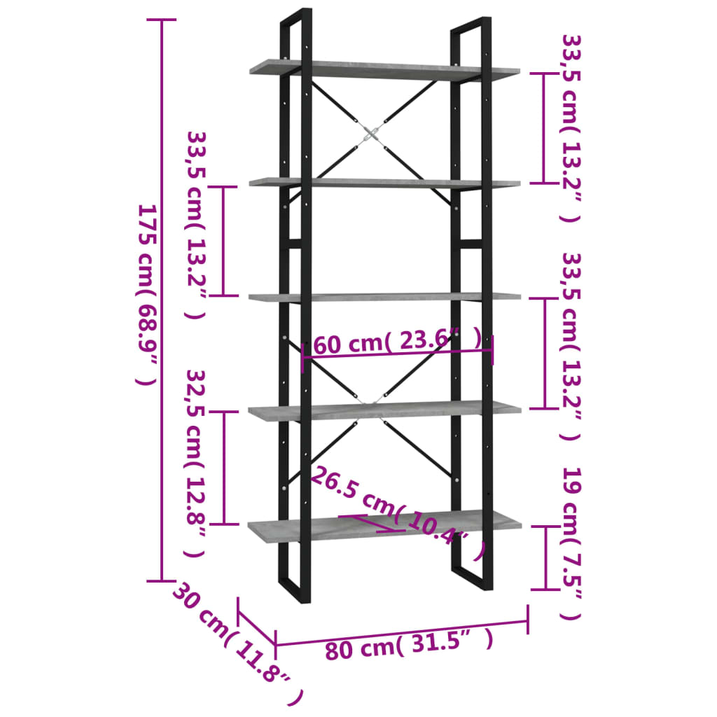 vidaXL Bokhylle 5 nivåer betonggrå 80x30x175 cm konstruert tre