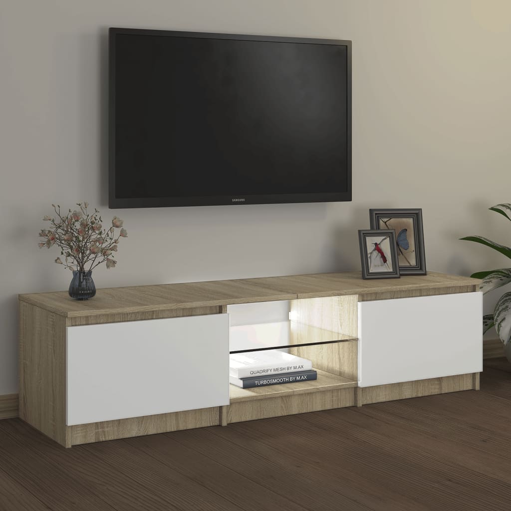 vidaXL TV-benk med LED-lys hvit og sonoma eik 140x40x35,5 cm