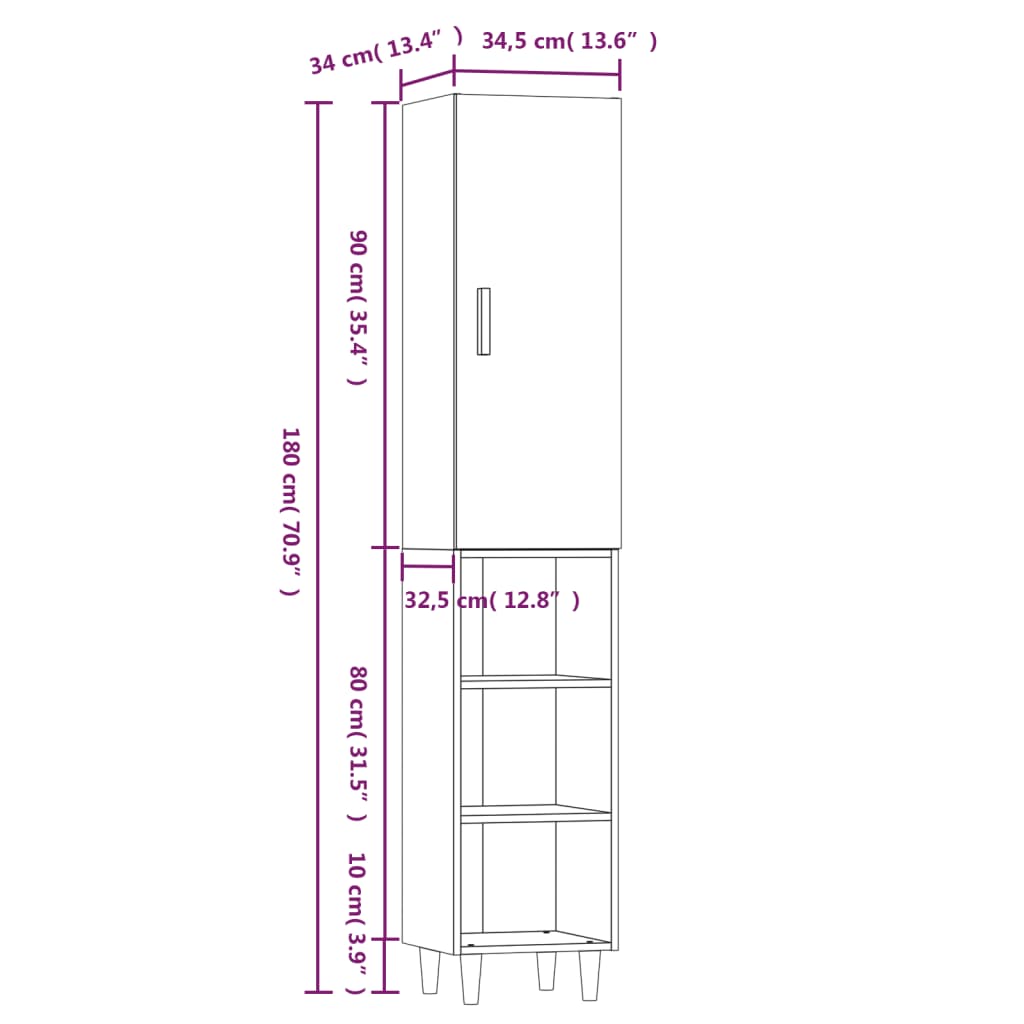 vidaXL Highboard røkt eik 34,5x34x180 cm konstruert tre