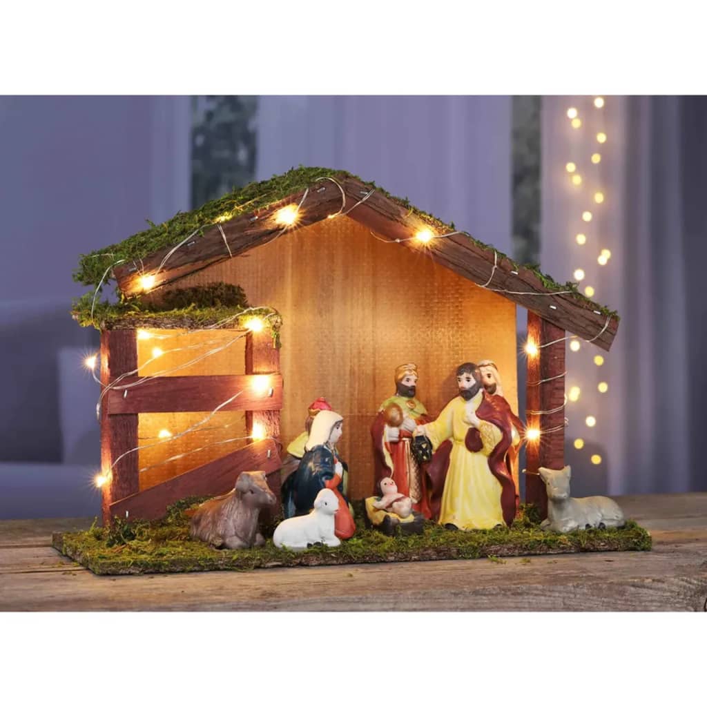 HI Opplyst julekrybbe pynt av sybart ved med LED-lys
