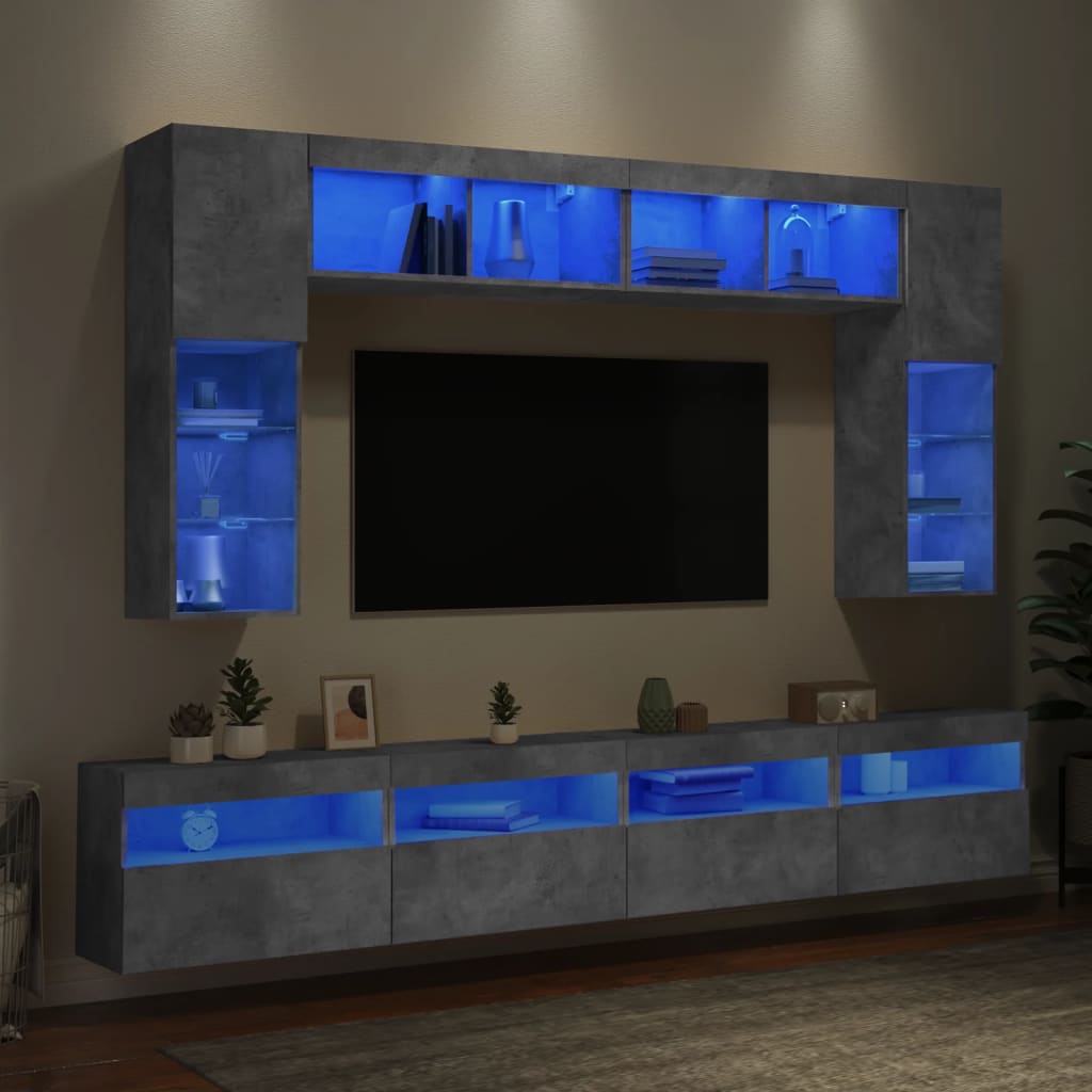 vidaXL Vegghengte TV-benker med LED 8 stk betonggrå