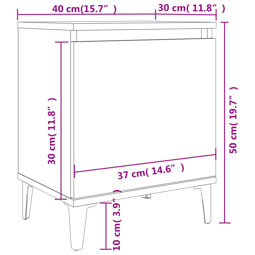 vidaXL Nattbord med metallben 2 stk høyglans grå 40x30x50 cm