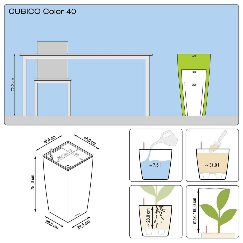 LECHUZA Plantekasse Cubico Color 40 ALL-IN-ONE hvit 13150