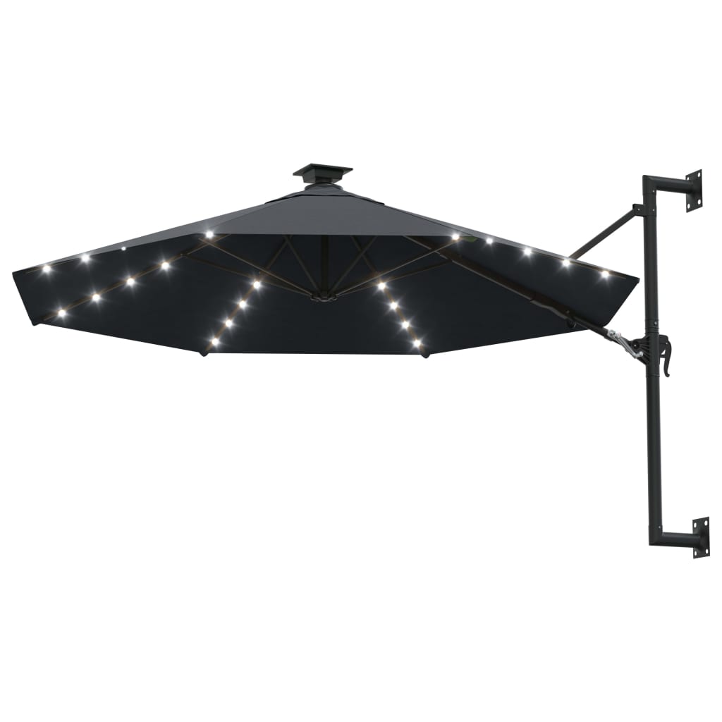 vidaXL Veggmontert parasoll med LED og metallstolpe 300 cm antrasitt