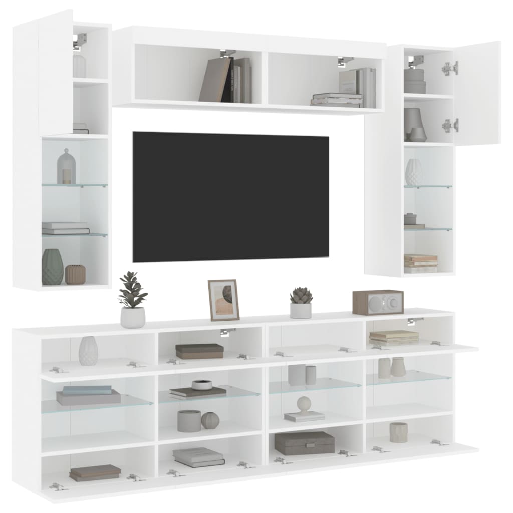 vidaXL Vegghengte TV-benker med LED 6 stk hvit