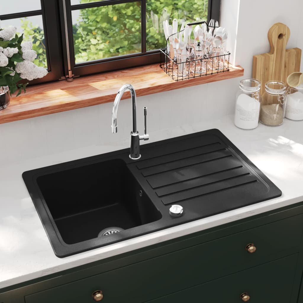 vidaXL Kjøkkenvask med enkel kum og avrenning svart granitt