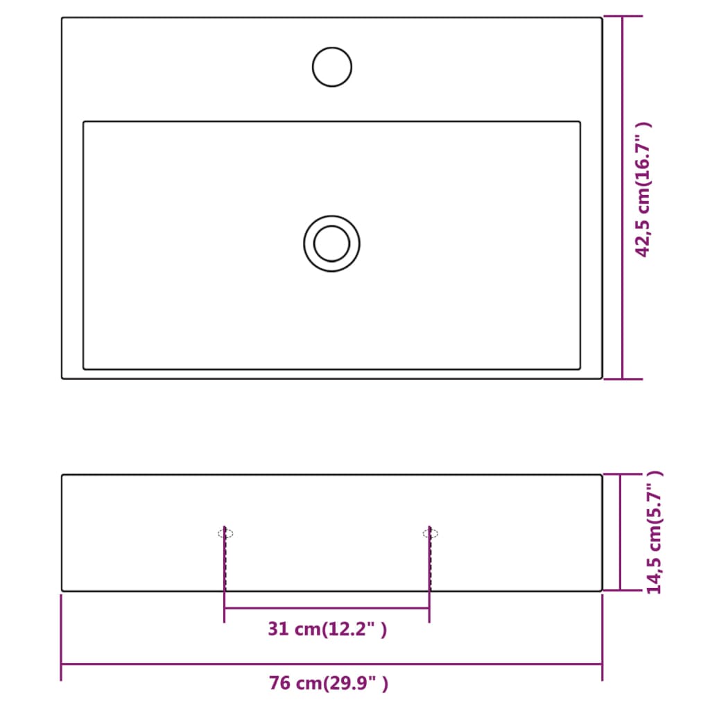 vidaXL Servant med kranhull keramisk hvit 76x42,5x14,5 cm