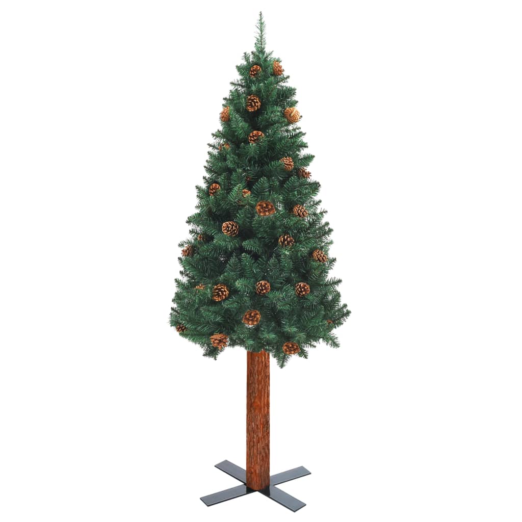 vidaXL Slankt forhåndsbelyst juletre med ekte furukongler grønn 210 cm